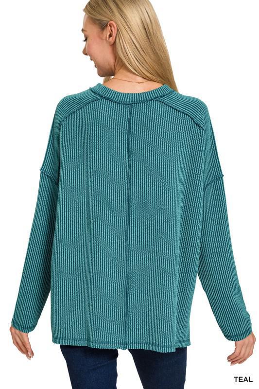 Raised Rib Raw Edge Boat Neck Long Sleeve Top