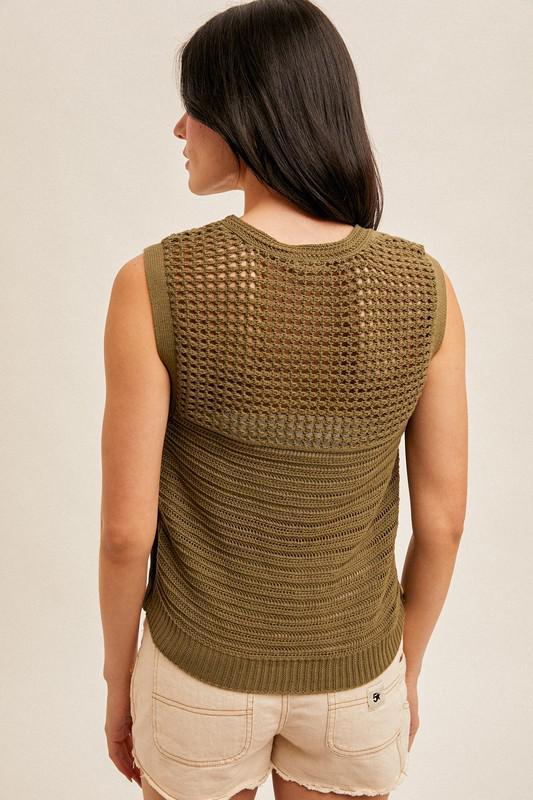 Side Button Sleeveless Sweater Top-Olive