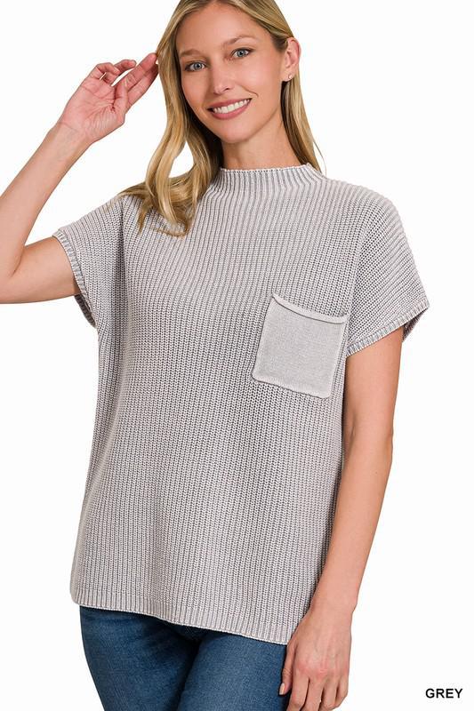 Gray Washed Mock Neck Short Sleeve Sweater