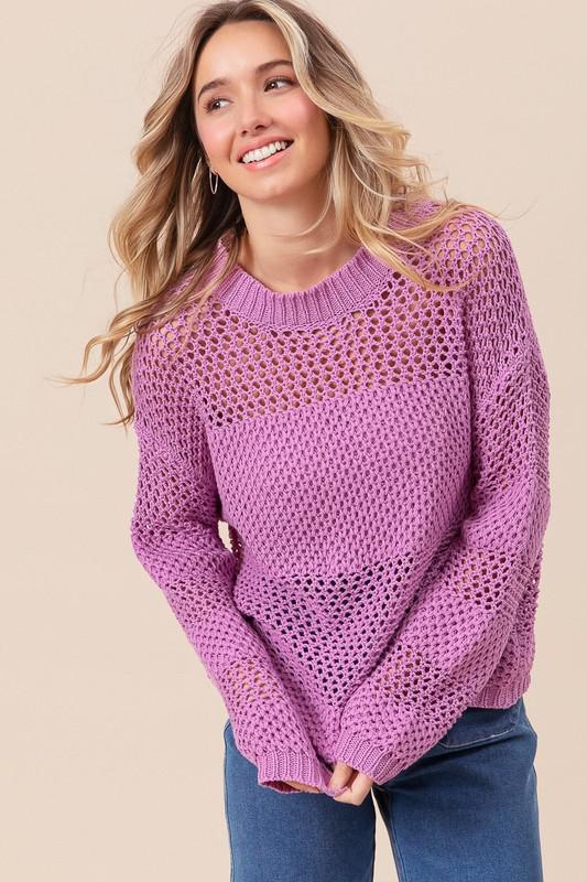 Open Knit Long Sleeve Sweater-Berry