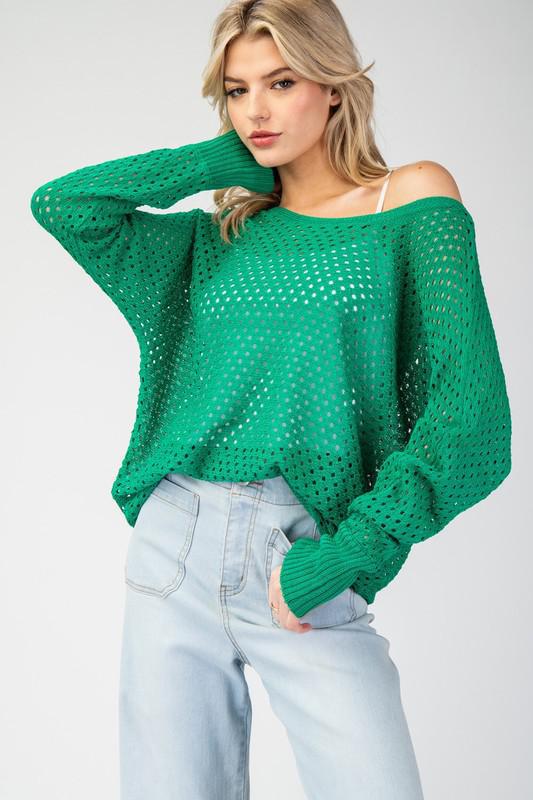 Eyelet Knit Sweater Top-Kelly Green