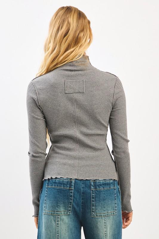 Striped Mock Neck Long Sleeve Rib Knit Top