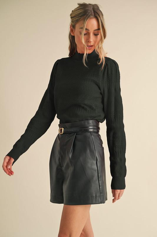 Lightweight Knit Pointelle Mock Neck Sweater- Black
