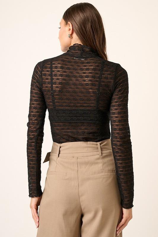 Lace Fabric Mock Neck Long Sleeve Top