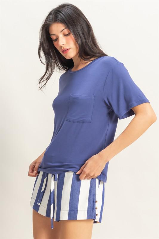 Crew Neck Pocket Tee-Dusty Indigo