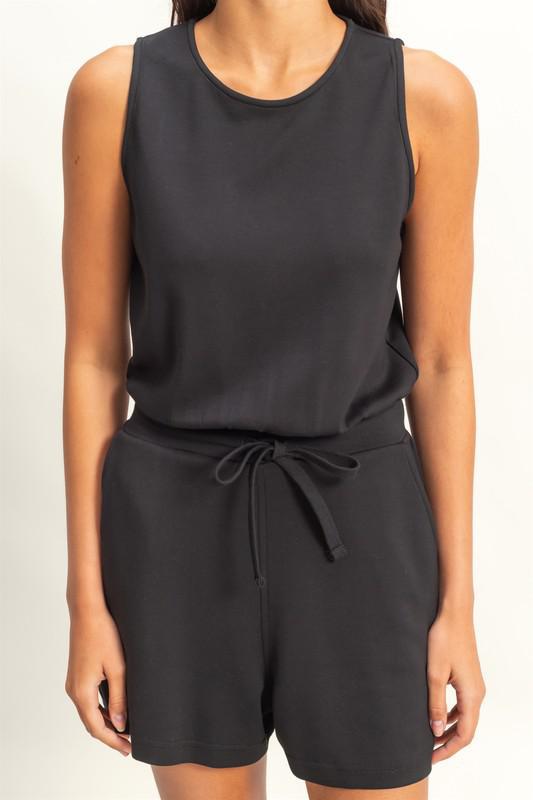 Drawstring Waist Romper-Black