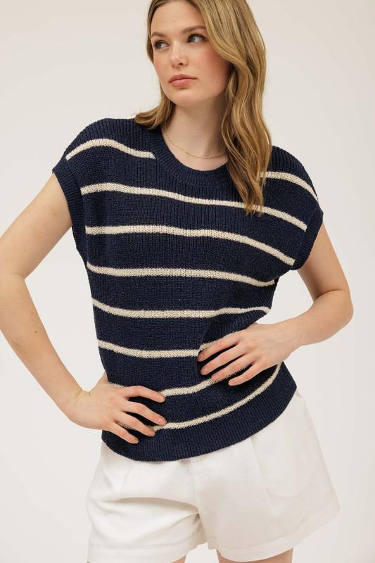 Stripe Extended Shoulder Short Sleeve Knit Sweater