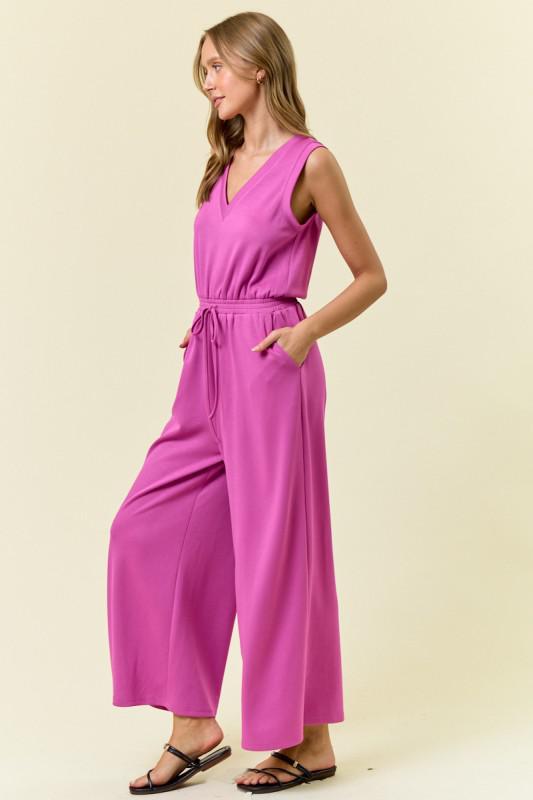 V Neck Brushed Modal Wide Culotte Leg Jumpsuit-Orchid