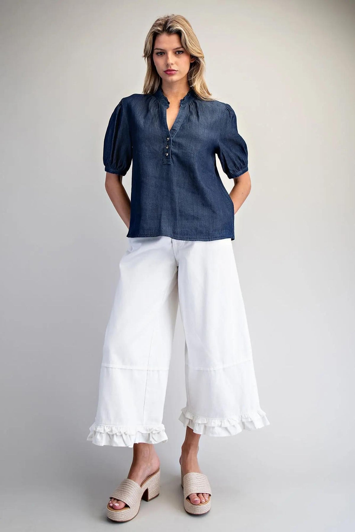 Ruffled Split V-Neck Blouse