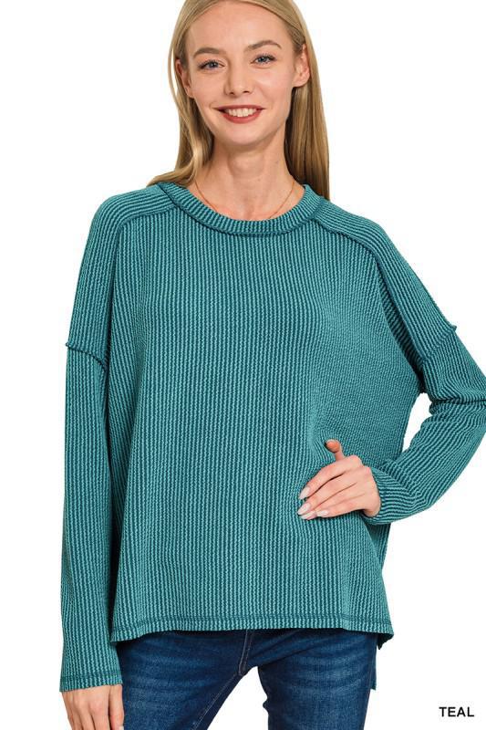 Raised Rib Raw Edge Boat Neck Long Sleeve Top