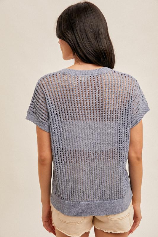 V-Neck Fishnet Sweater-Blue