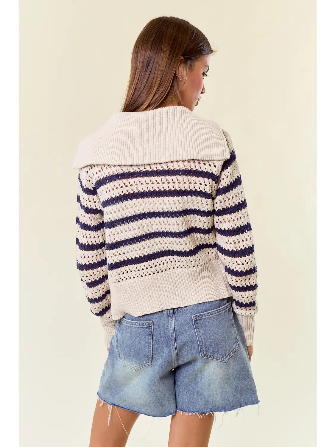 Zip-Up Striped Pointelle Open Knit Sweater Jacket