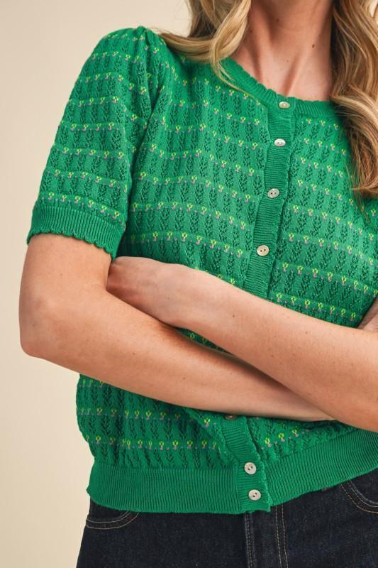 Pointelle Short Puff Sleeve Button Down Sweater