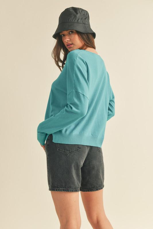 Round Neckline Lightweight Sweater-Teal