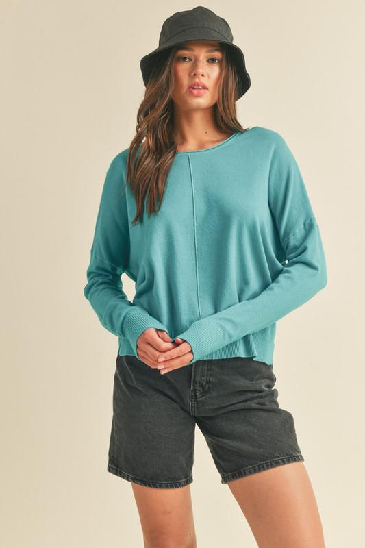 Round Neckline Lightweight Sweater-Teal