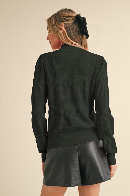 Lightweight Knit Pointelle Mock Neck Sweater- Black
