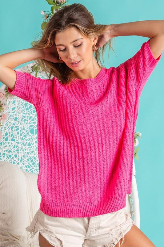 Raglan Textured Loose Fit Top-Fuchsia