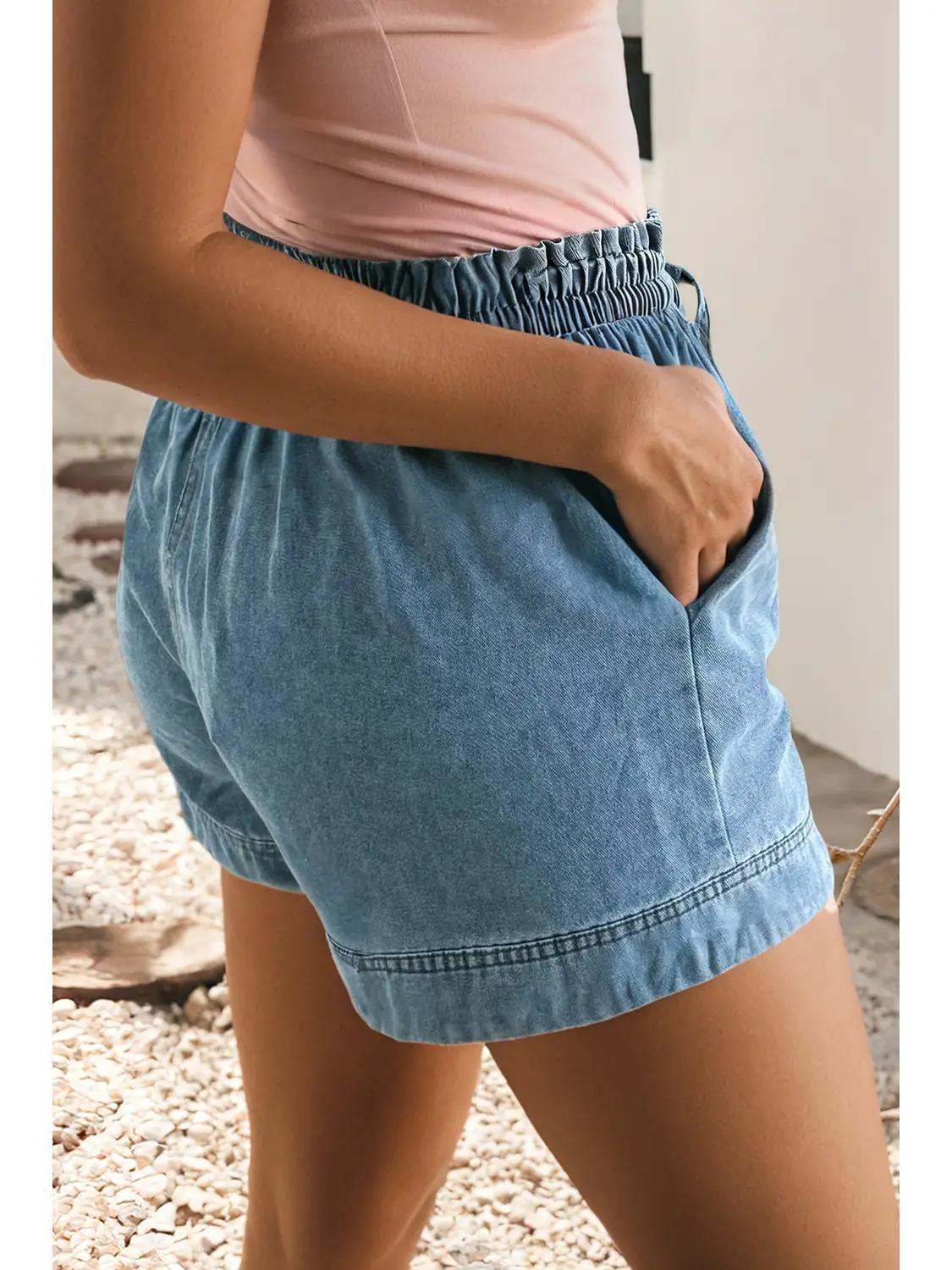 Smocked Elastic Waist Denim Shorts