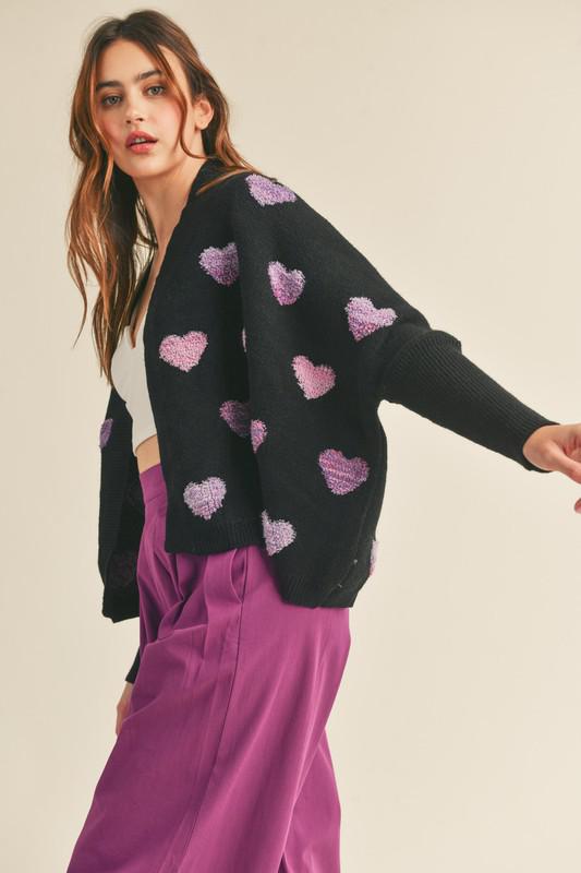 Ombre Heart Sweater Cardigan - Black