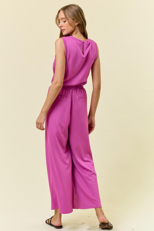 V Neck Brushed Modal Wide Culotte Leg Jumpsuit-Orchid
