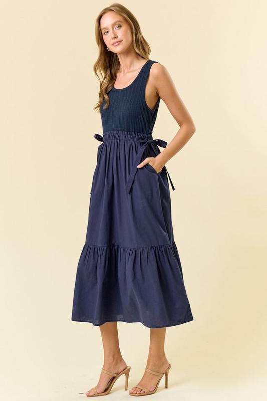 Side Tie Midi Dress-Navy