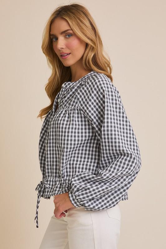 Gingham Round Neck Long Sleeve Waist Tie Button Up Top