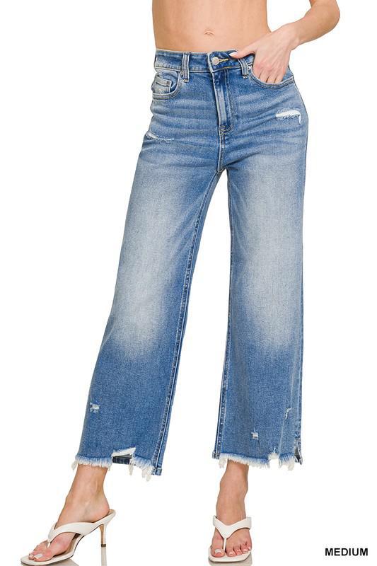 Distressed Raw Hem Denim Pant-Medium Wash