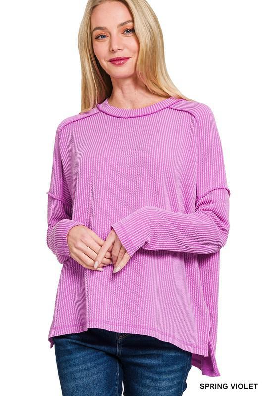 Raised Rib Raw Edge Boat Neck Long Sleeve Top