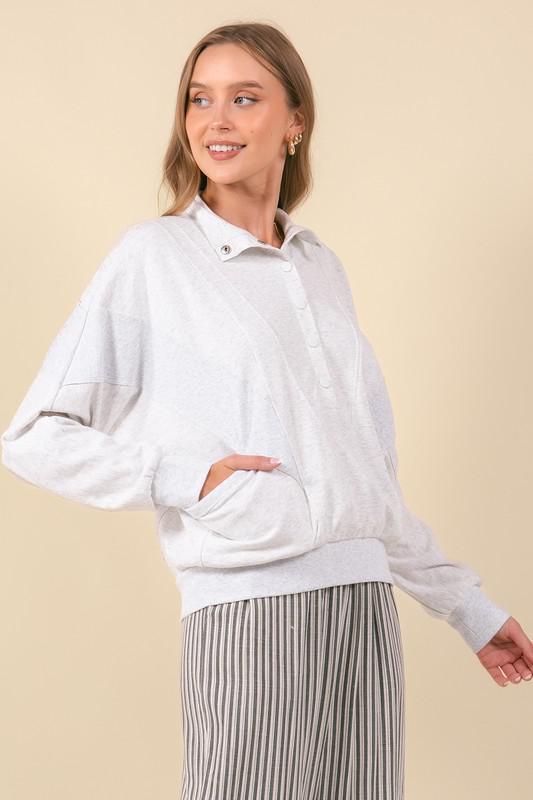 French Terry & Rib Snap Button-Light Heather Gray