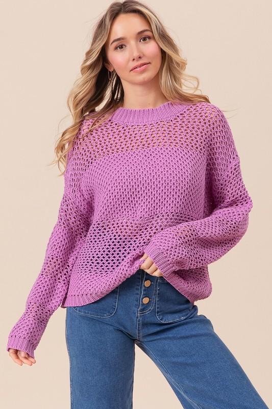 Open Knit Long Sleeve Sweater-Berry