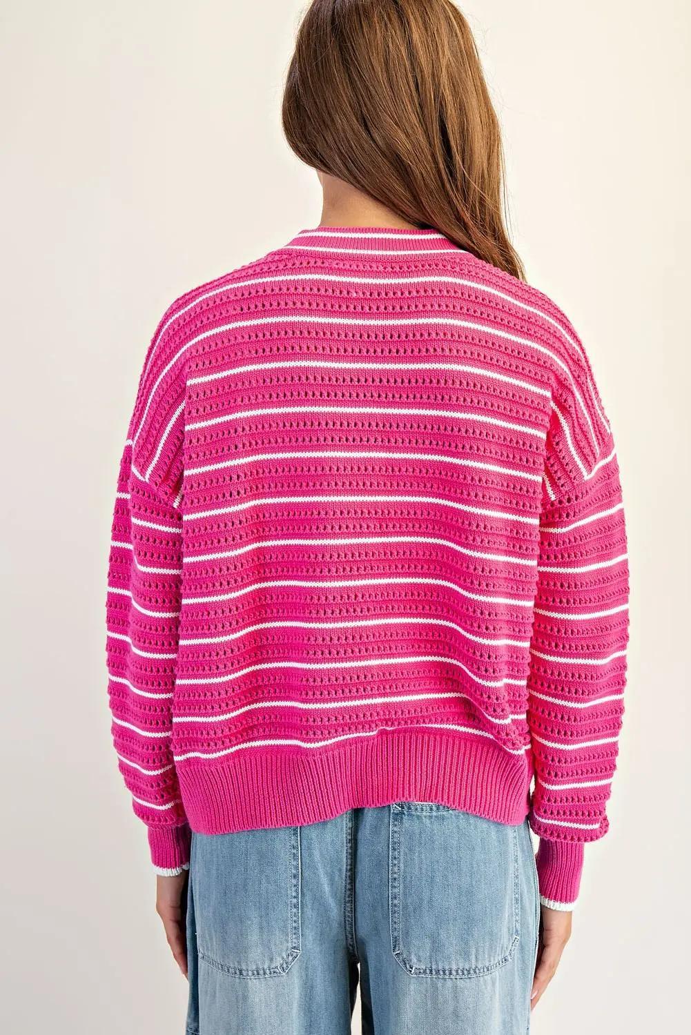 Textured Open Stitch Striped Knit Cardigan