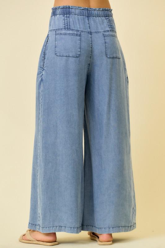 Denim Pleats Detail Button Closure Wide Leg Pants