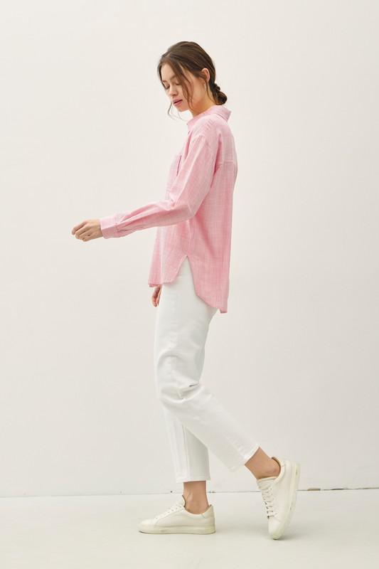 Pinstripe Button Up-Poppy Red