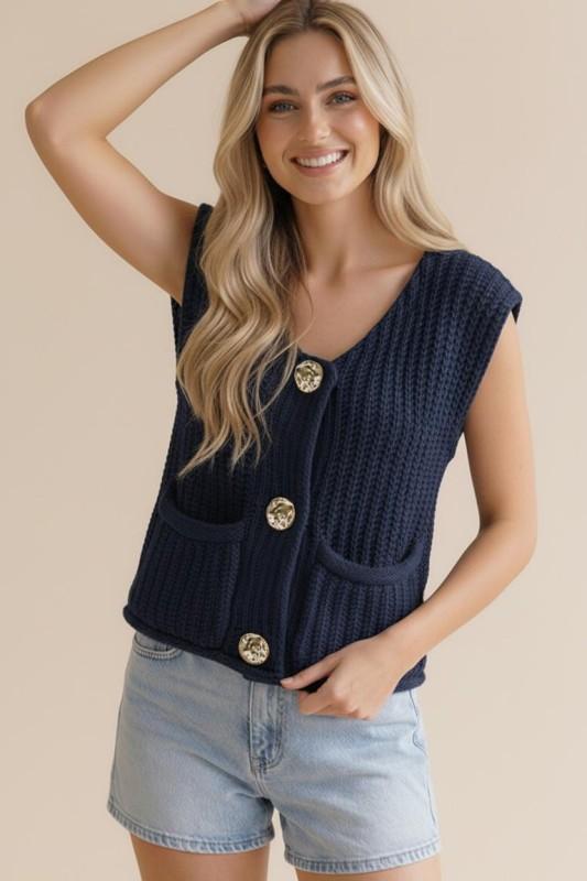 Gold Button Down Chunky Sweater Vest W/pocket