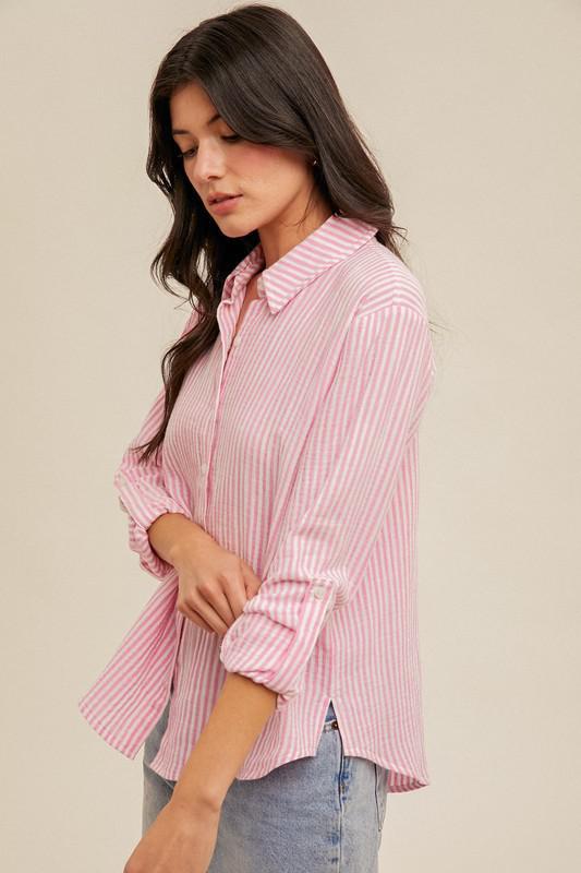 Stripe Gauze Button Down-Pink/White