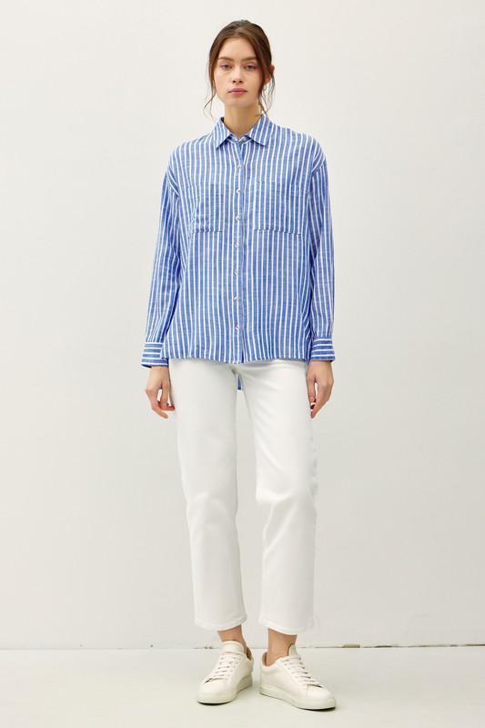 Striped Button UP-Denim Blue