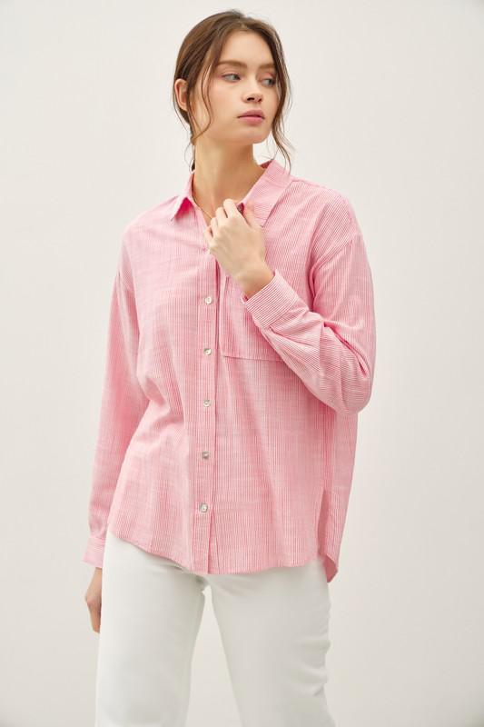 Pinstripe Button Up-Poppy Red