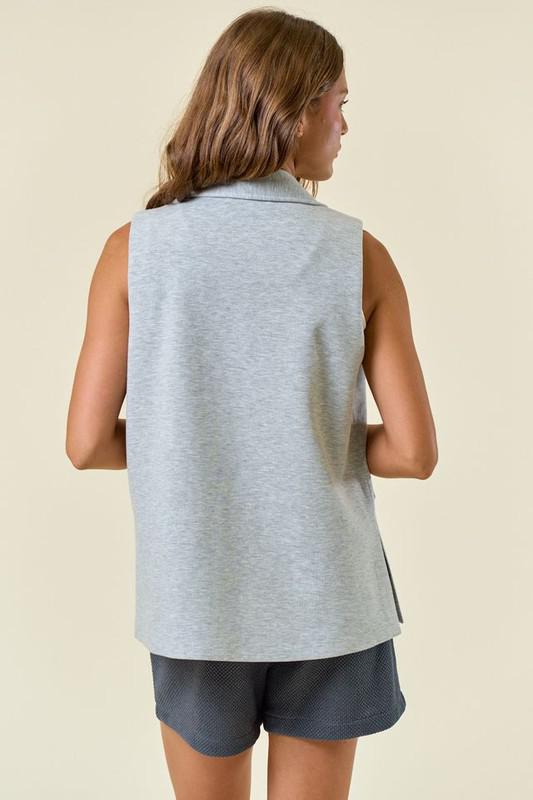 Stretch Knit Open Front Long Vest-Gray