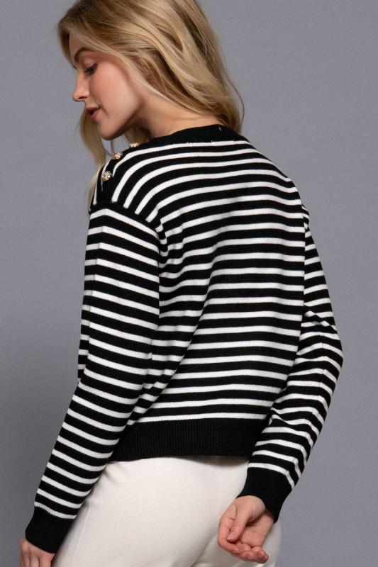 Buttoned Shoulder Stripe Sweater
