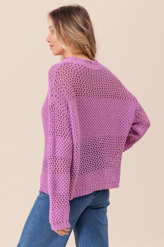 Open Knit Long Sleeve Sweater-Berry