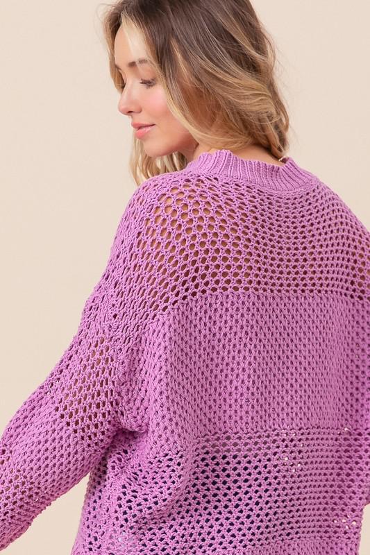 Open Knit Long Sleeve Sweater-Berry