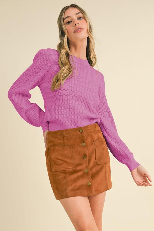 Puff Sleeve Scalloped Pointelle Sweater