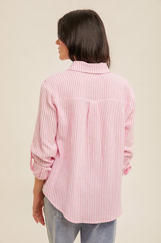 Stripe Gauze Button Down-Pink/White