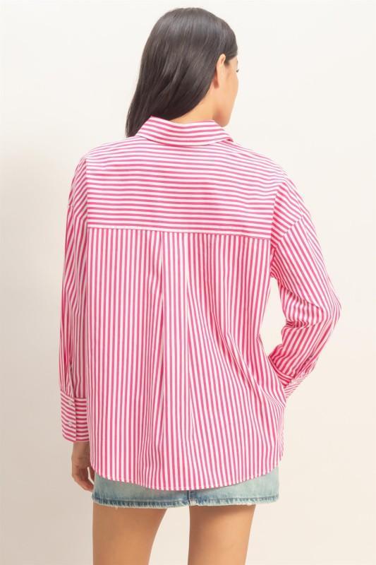 Cotton Poplin Striped Button Up-Pink