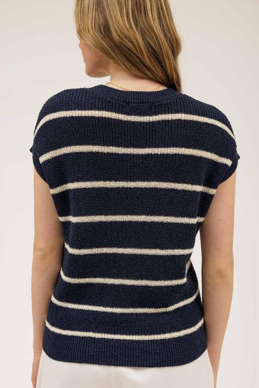 Stripe Extended Shoulder Short Sleeve Knit Sweater