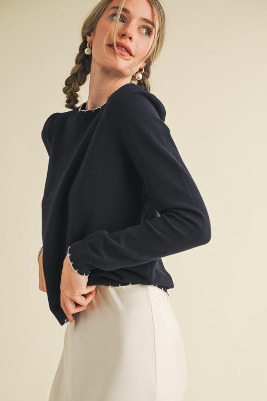 Contrast Knit Scalloped Edge Sweater