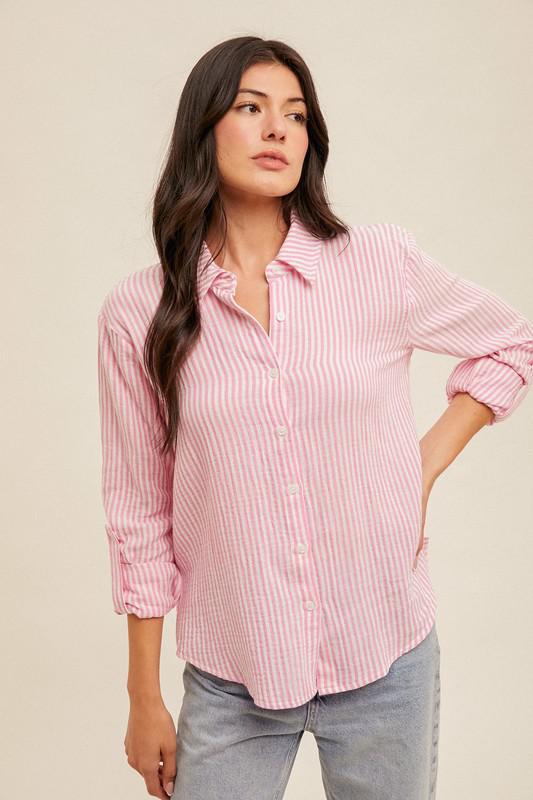 Stripe Gauze Button Down-Pink/White