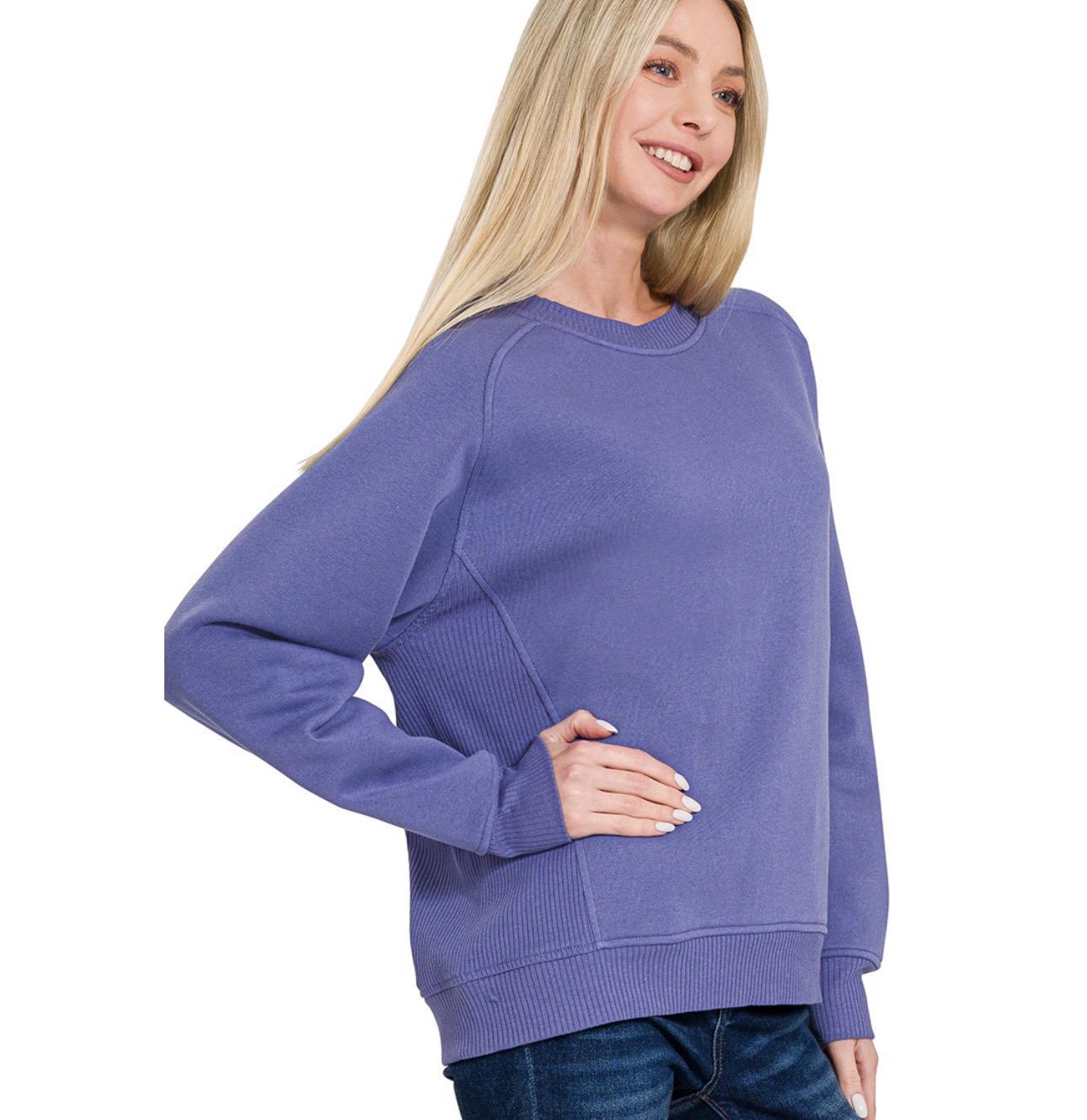 Fleece Round Neck Ribbed Sweatshirt