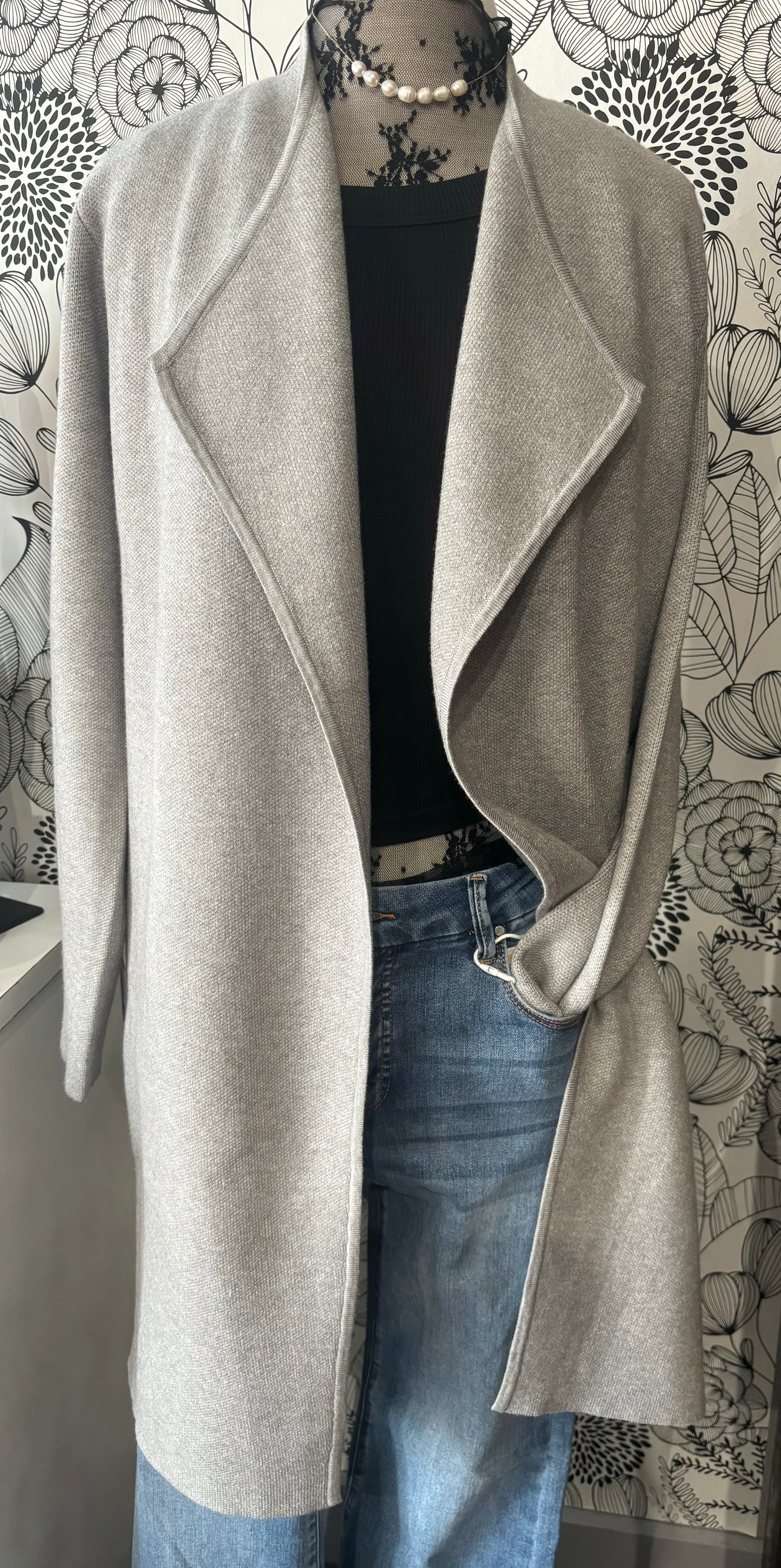 Drape Collar Cardigan-Gray