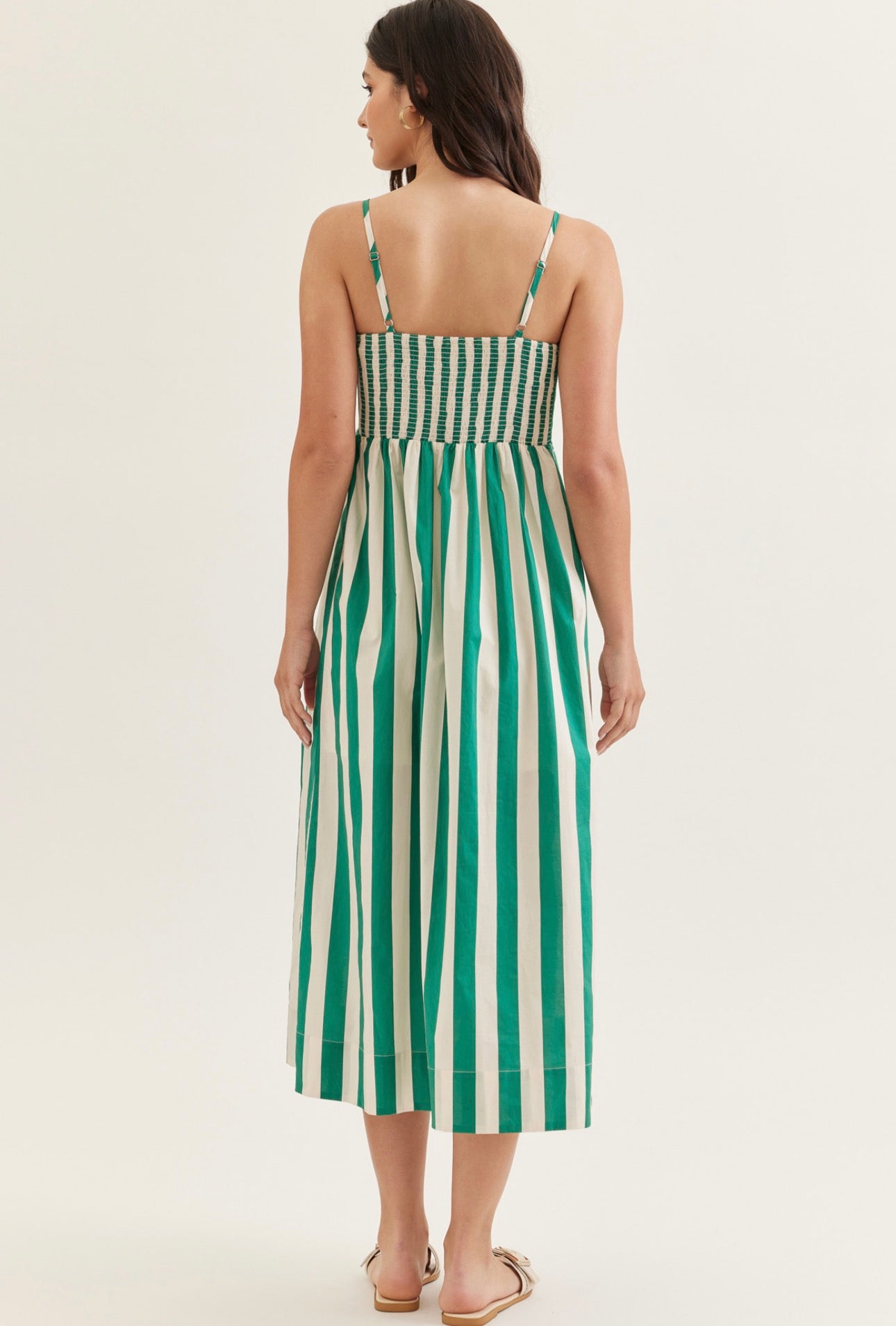 Striped Gathered Spaghetti Strap Dress